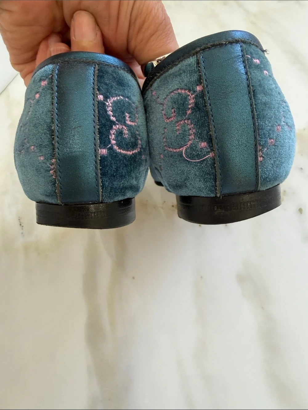 Blue Velvet Kids Loafers with Pink Monogram Detailing